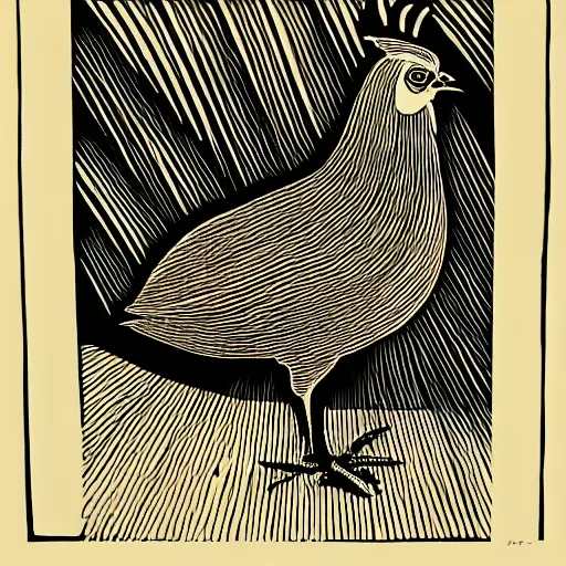 Prompt: a wood block print of a beautiful a Chicken by Sergio Santamaría and Vladimir Zimakov.