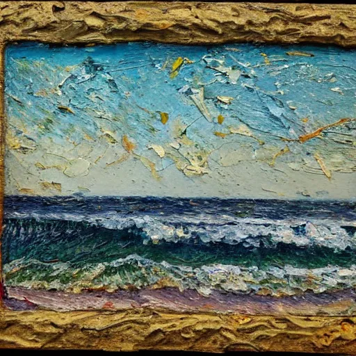 Image similar to oil paint impasto relief, beautiful italian beach scene, rough sea, multi layered thick brush marks, some splattered paint, in the style of ivan shishkin and frank auerbach and van gogh and signac