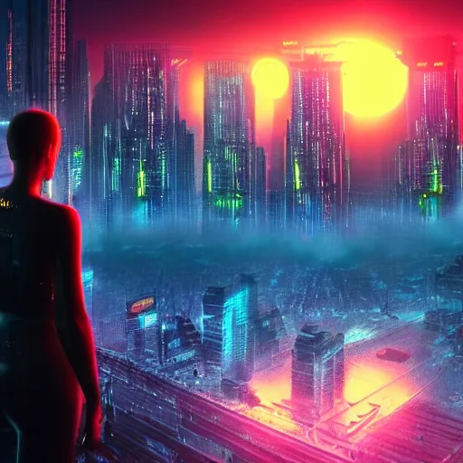 Prompt: « futuristic city, cyberpunk, blade runner, sunrise, morning, girl watching the sky, ground view to the top »