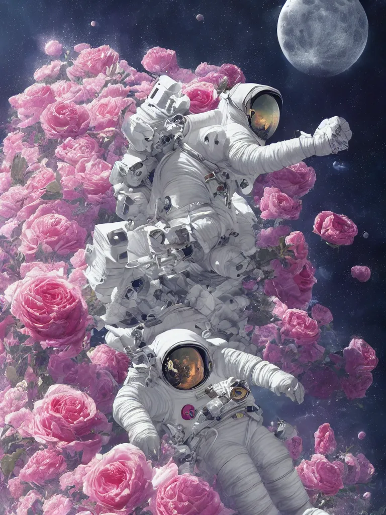 Prompt: a astronaut in a dreamy sea of roses on the moon, cgsociety, high resolution, highly detailed by miyazaki hayao, trending on art - station