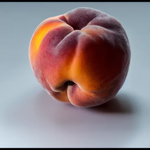Prompt: split peach fruit, pit as brad pitt face, ef 8 5 mm f 1 1. 8 usm bionic scifi alexandre