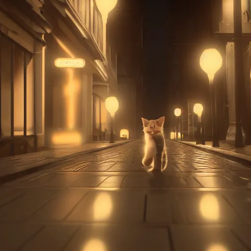 Prompt: kitten walks the empty street in a rainy day, led lights around the place, digital painting, ultra detailed, unreal engine 5,