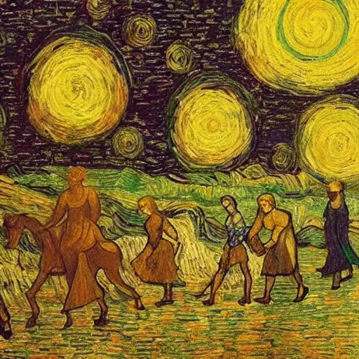 Prompt: midsummer's eve by davinci and van gogh, masterpiece, 8 k, enlightened ones walking, bright color palette