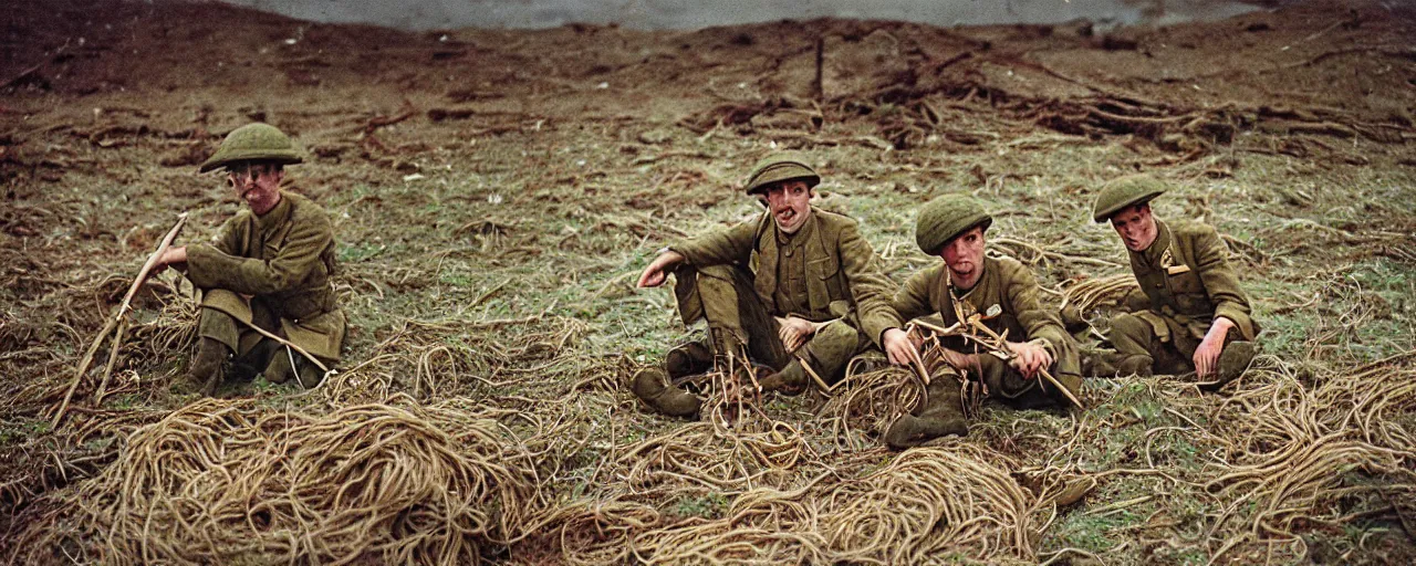 Prompt: battle of the somme with spaghetti, canon 5 0 mm, kodachrome, in the style of wes anderson, retro