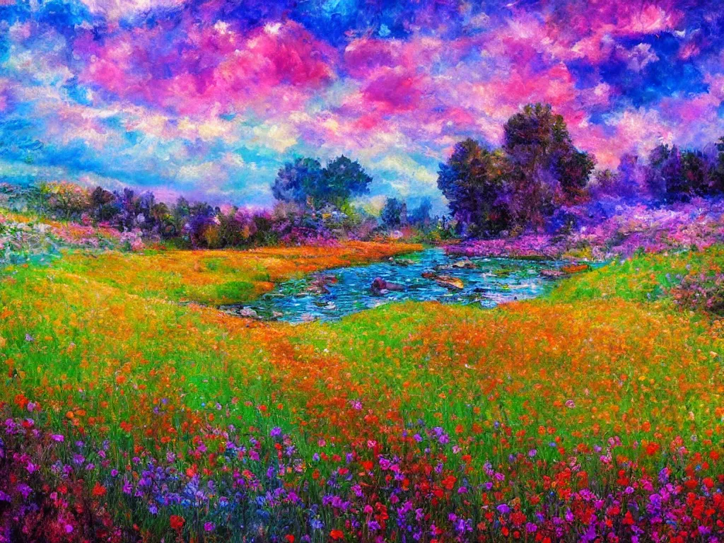 Image similar to an impressionist painting of a gorgeous meadow filled with colorful mushrooms with a stream flowing through it, psychedelic colors, colorful sky in background, trending on artstation