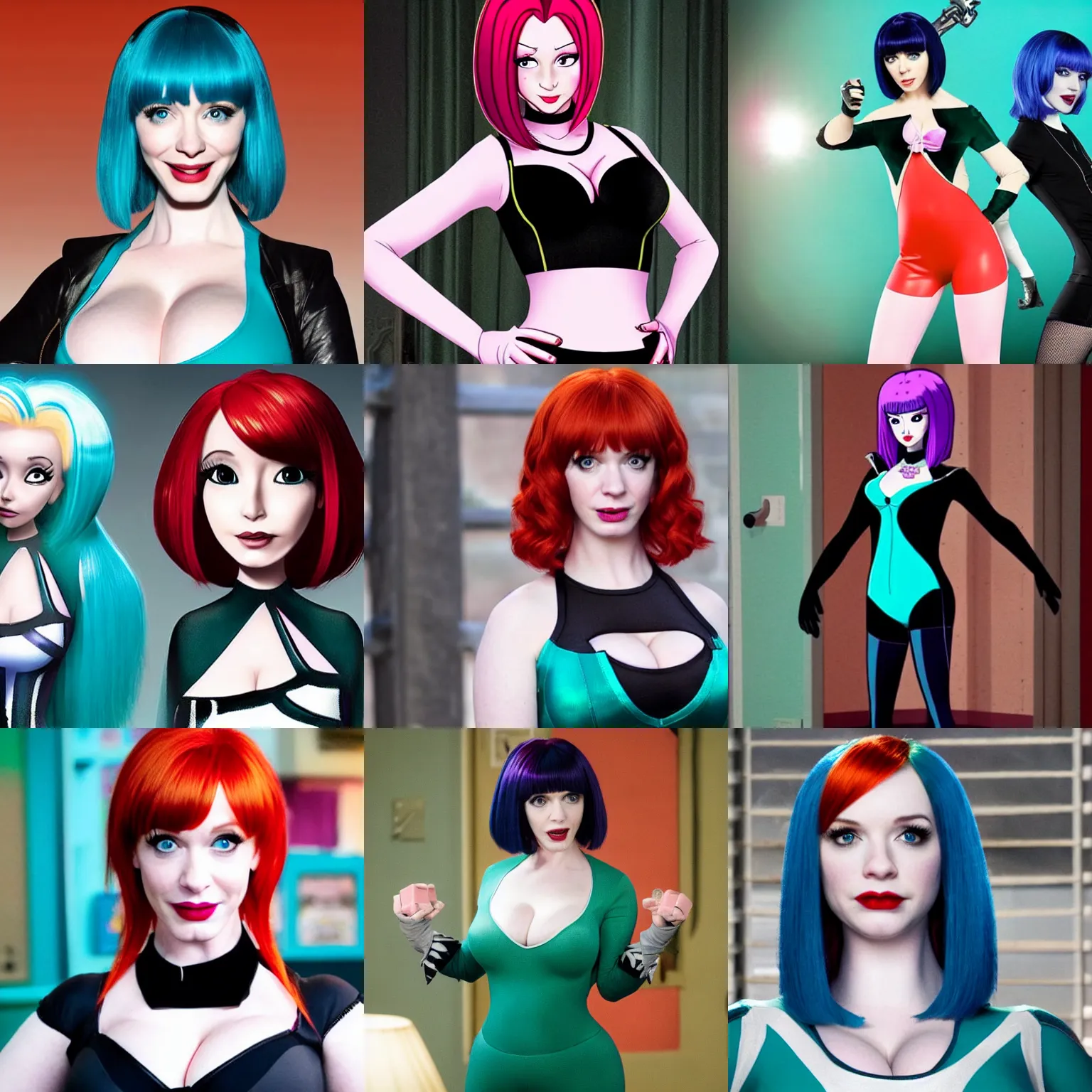 Prompt: christina hendricks as maddie fenton in the live - action netflix adaptation of danny phantom, promotional image ; she has auburn hair and a bob cut with straight bangs ; she is wearing a tight teal bodysuit with a black neck