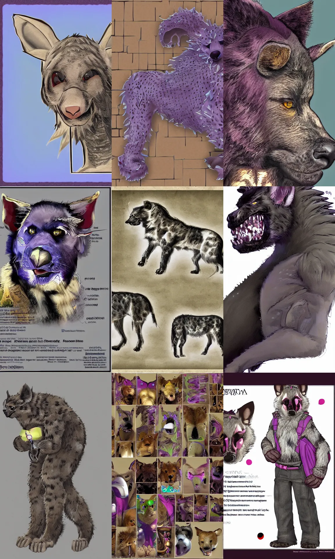 Prompt: a front - perspective furry reference sheet, a male hyena fursona, purple and black color scheme, trending on weasyl, high - resolution, photorealistic