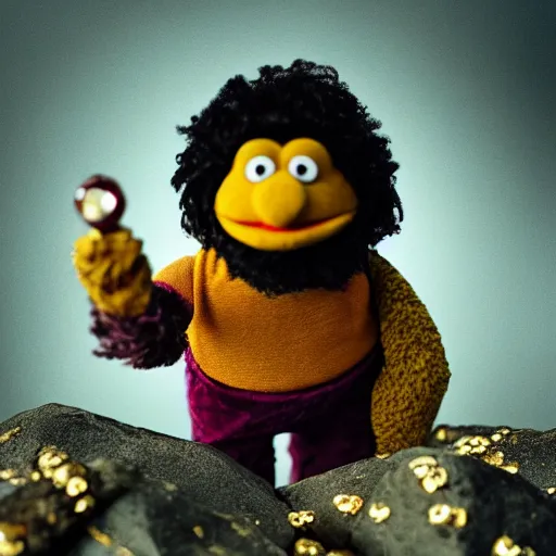 Prompt: an artificer dwarf muppet character with an obsession for gold and gems who loves to sleep on rocky terrain, sesame street, photograph, photography, ultrarealistic, national geographic