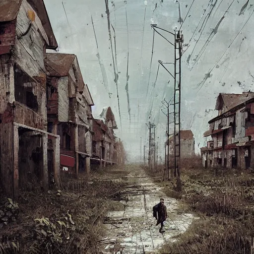 Image similar to painting of a abandoned post soviet town infested with humanoid root monsters by jakub rozalski