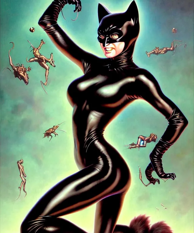 Image similar to cat woman from batman in the style of hajime sorayama, peter mohrbacher, wayne barlowe, gustav moreau, bussiere, roberto ferri, santiago caruso, luis ricardo falero, austin osman spare, boris vallejo, dali