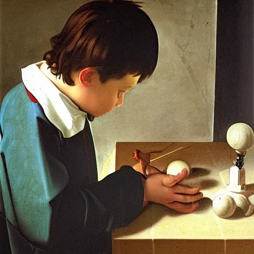 Image similar to kid playing games on his iphone, painting by caravaggio