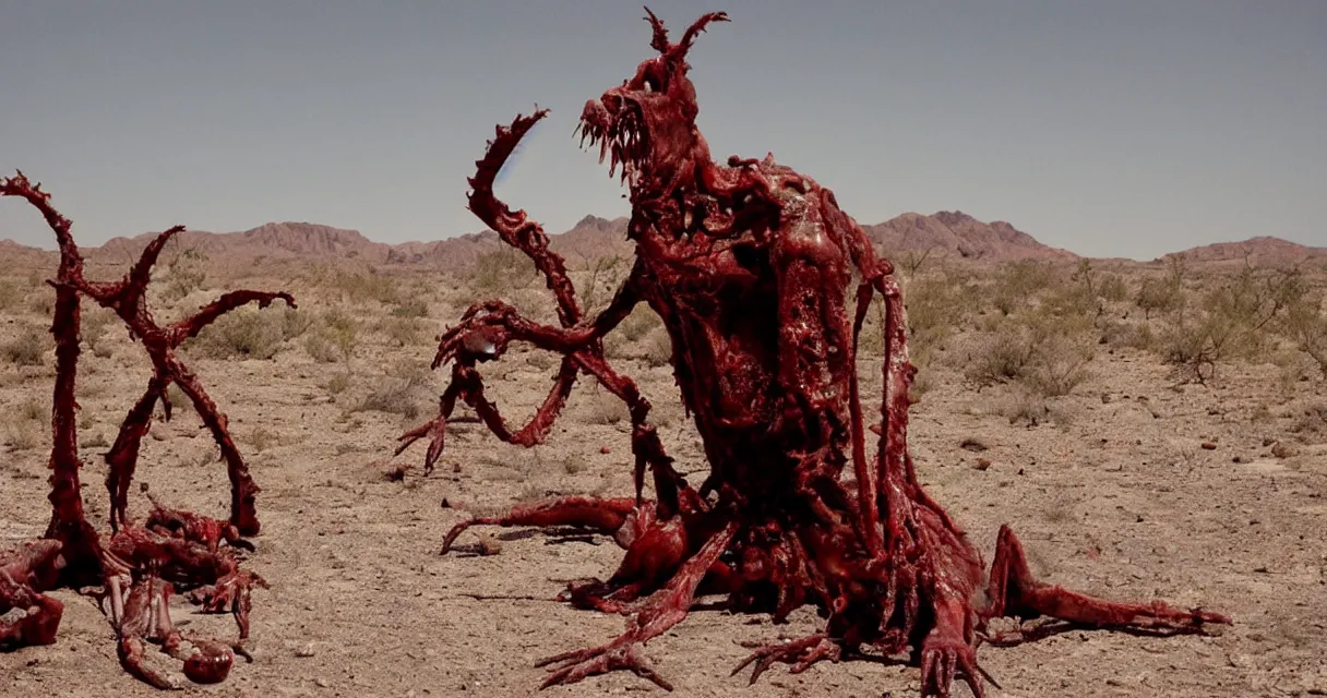 Image similar to in the desert a bloody gross horrifying The Thing creature made of muscle and bone and blood stares at the camera, eating, mid day, 35mm photography, realistic,