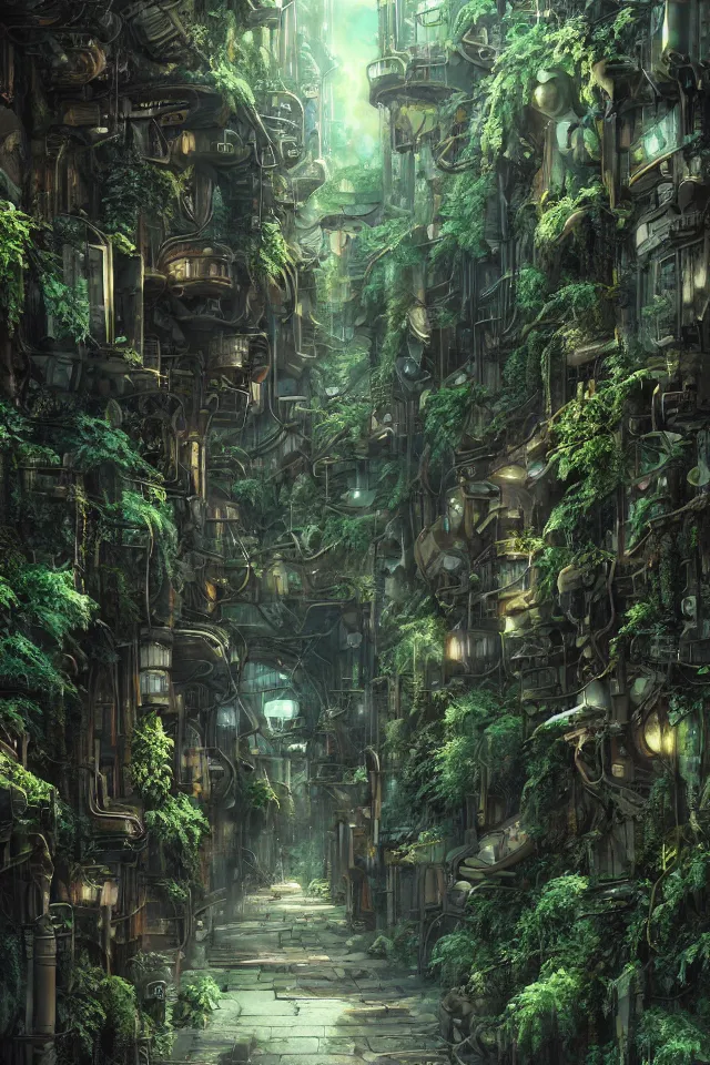 Image similar to Architectural section, movie concept art, steampunk style, Miyazaki tekkonkintreet Teikoku Shounen style, amazing + fantasy Traditional Japanese alley lane on full moon, lush vegetation and ferns, sun rays, octane render, trending on artstation, hyper detailed, cinematic