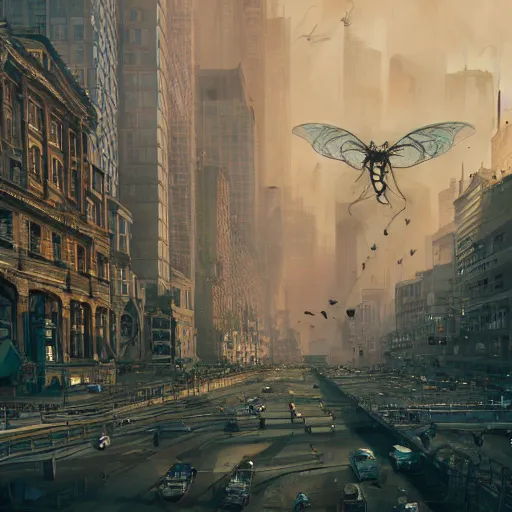 Prompt: giant insects stalk a city, hyperdetailed, artstation, cgsociety, 8k