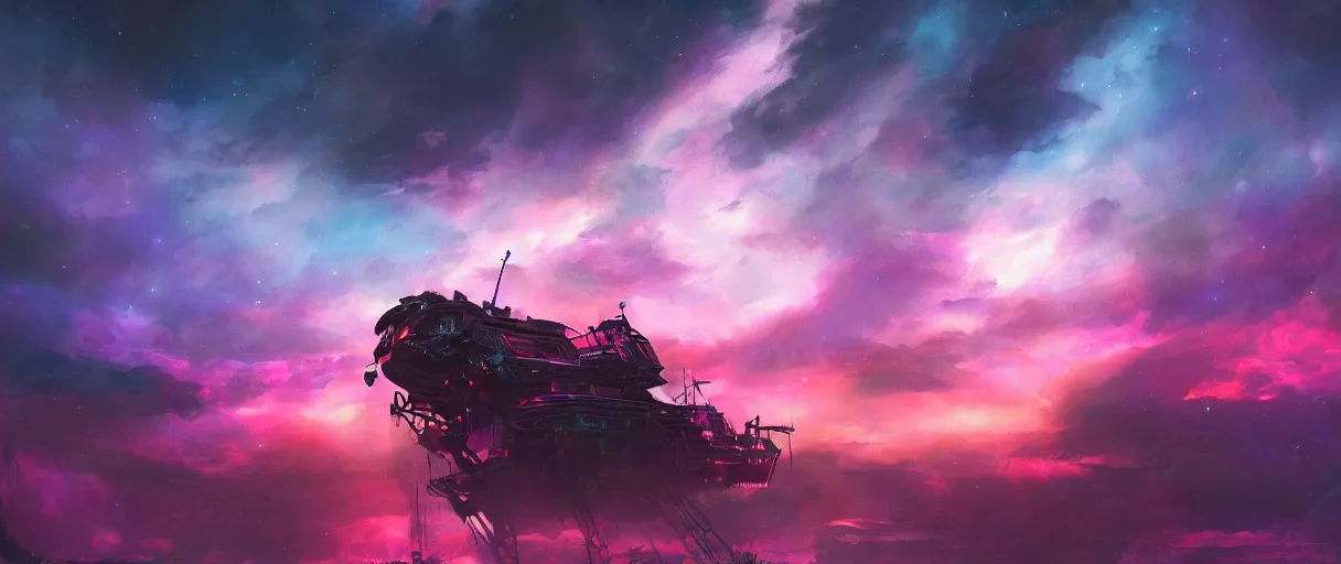 Image similar to space, hyperdetailed illustration, portrait big dark dog, mohawk, stars, pink, neon, oil painting, rich deep colors masterpiece, pirate neon ship, ultra detailed, contrast, heaven pink, clouds, volumetric light, atmospheric lighting, dramatic, cinematic, moody, octane render 4 k, 8 k