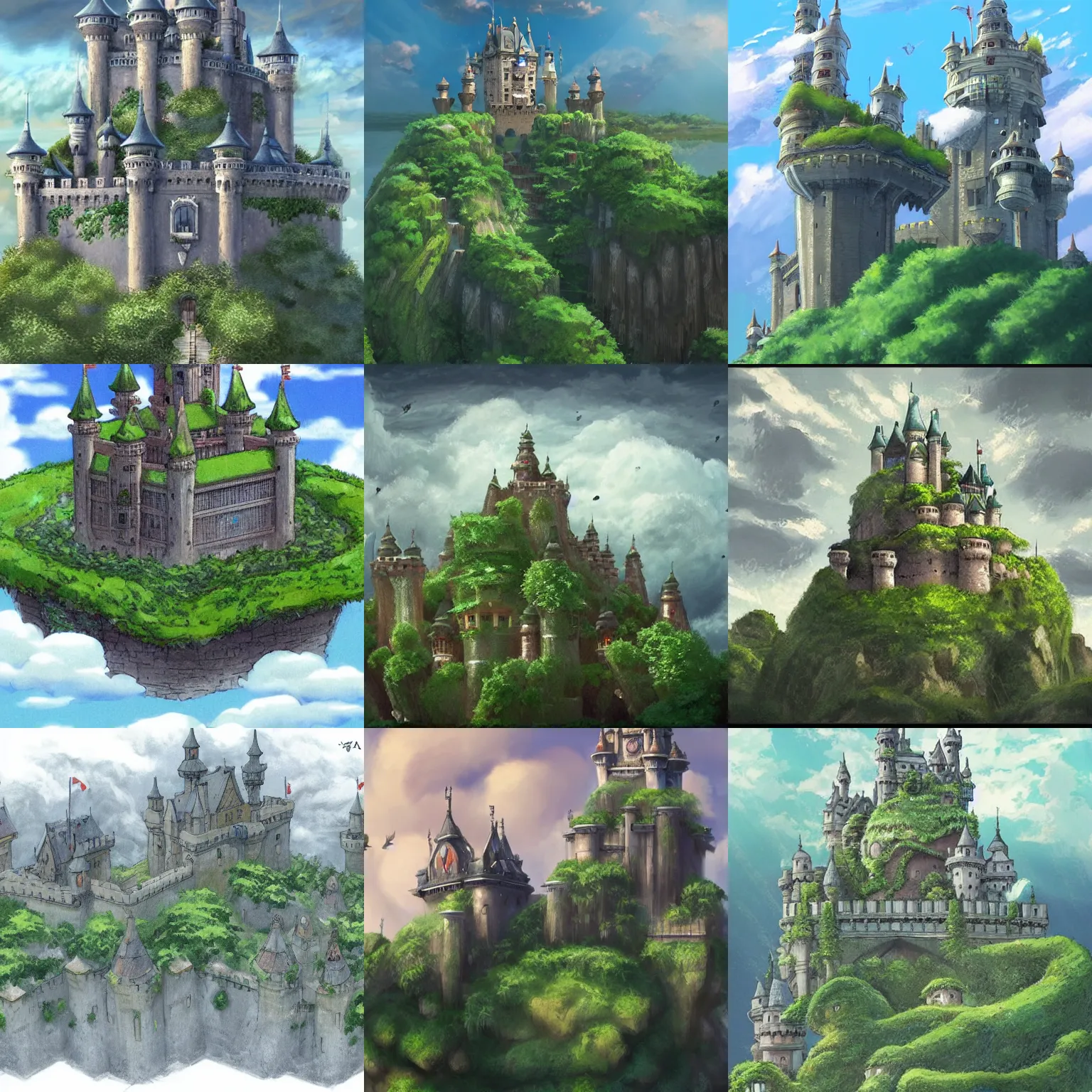 Prompt: Castle with a lot of greenery on its towers, on the island flying in clouds. Art by Hayao Miyazaki. concept art, artstation, intricate details