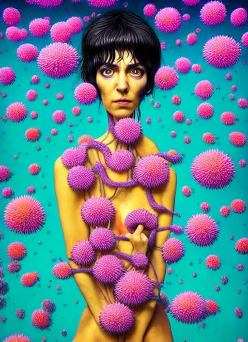 Prompt: hyper detailed 3d render like a Oil painting - Ramona Flowers with wavy black hair wearing thick mascara seen out Eating of the Strangling network of colorful yellowcake and aerochrome and milky Fruit around her neck and Her staring intensely delicate Hands hold of gossamer polyp blossoms bring iridescent fungal flowers whose spores black the foolish stars by Jacek Yerka, Mariusz Lewandowski, silly playful fun face, Houdini algorithmic generative render, Abstract brush strokes, Masterpiece, Edward Hopper and James Gilleard, Zdzislaw Beksinski, Mark Ryden, Wolfgang Lettl, Dan Hiller, hints of Yayoi Kasuma, octane render, 8k