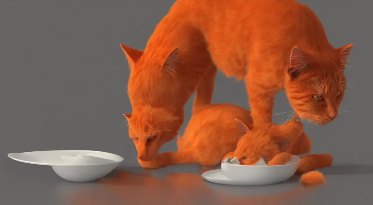 Prompt: octane render of an orange cat, the cat is drinking milk in a bowl,