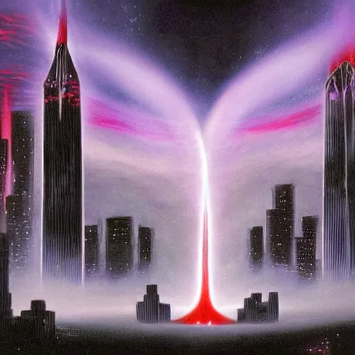 Prompt: red-hooded magicians casting purple colored spells at 911 WTC Twin Towers, white glowing souls flying out of the towers into cosmic black hole sky, beautiful hyper realistic in the style of The Lord of the Rings