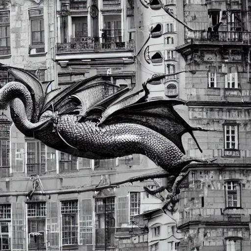 Image similar to 7 headed dragon flying in a city