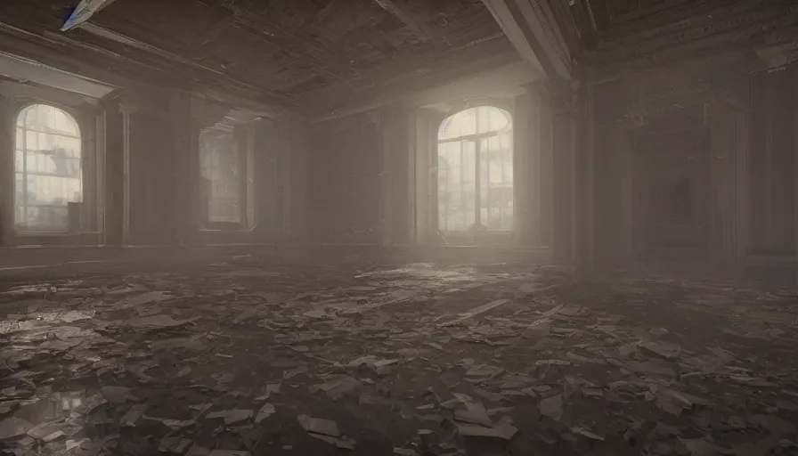 Prompt: abandoned capitol with cobwebs, dusty dirty floor, collapsed ceiling, flying dust particles, light through, hyperdetailed, artstation, cgsociety, 8 k