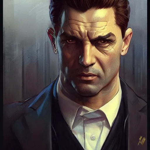 Image similar to mob boss, painted character portrait, highly detailed, digital painting, artstation, concept art, sharp focus, illustration, art by artgerm and greg rutkowski and alphonse mucha