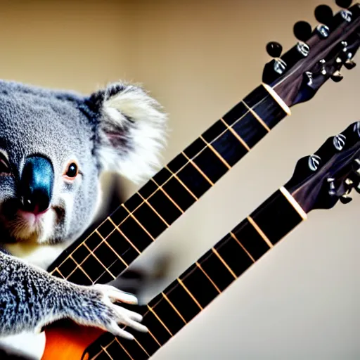 Image similar to a koala playinga guitar, modelsociety, radiant skin, huge anime eyes, rtx on, perfect face, directed gaze, sony a 7 r iv, symmetric balance, polarizing filter, photolab, lightroom, 4 k, dolby vision, photography award