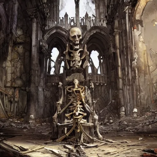 Prompt: Skeleton King wearing ragged clothes resting on a throne inside a ruined cathedral, oil painting, by Fernanda Suarez and Greg Rutkowski