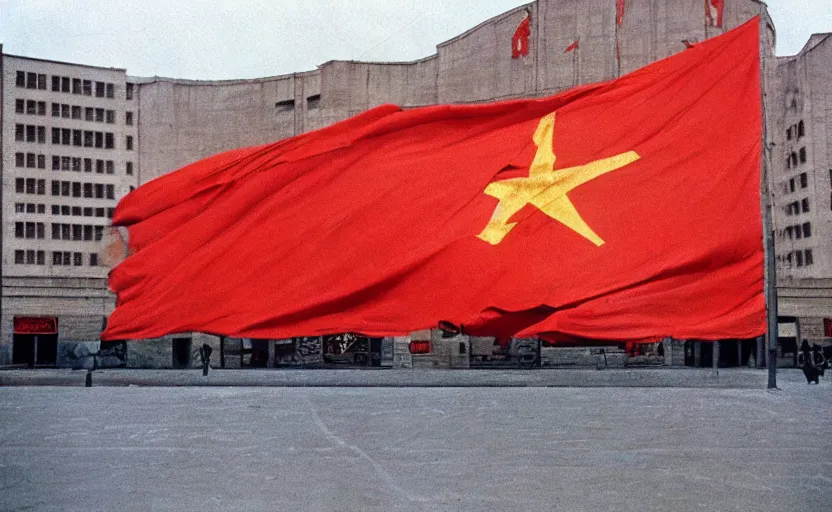 Image similar to 60s movie still of a giant stalinist style sovietic hall with a giant USSR flag, by Irving Penn , cinestill 800t 35mm eastmancolor, heavy grainy picture, very detailed, high quality, 4k, HD criterion, precise texture, panoramic, cinematic