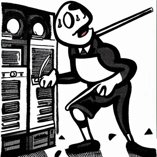 Prompt: a black and white photograph of a cartoonist destroying a computer with a baseball bat, in the style of gary baseman, robert crumb, jenny saville, photorealism, photography, realistic, surreal, high contrast, soft lighting, film photography