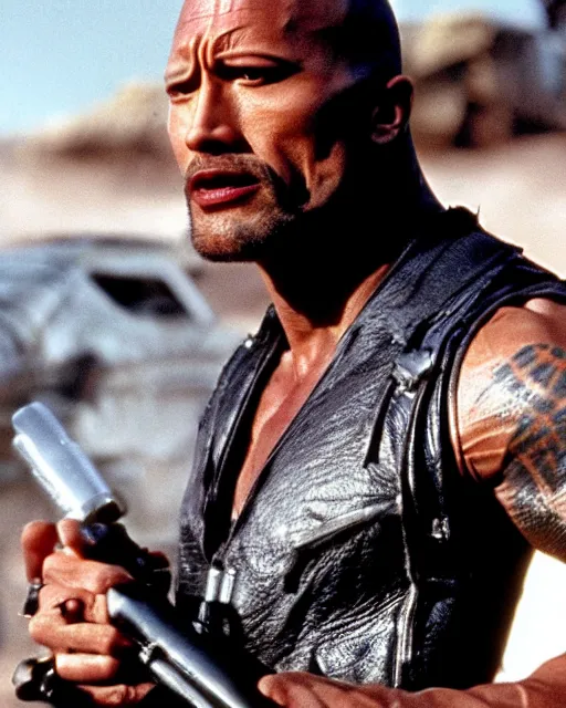 Image similar to film still close up shot of dwayne johnson in the movie mad max 2 the road warrior. photographic, photography