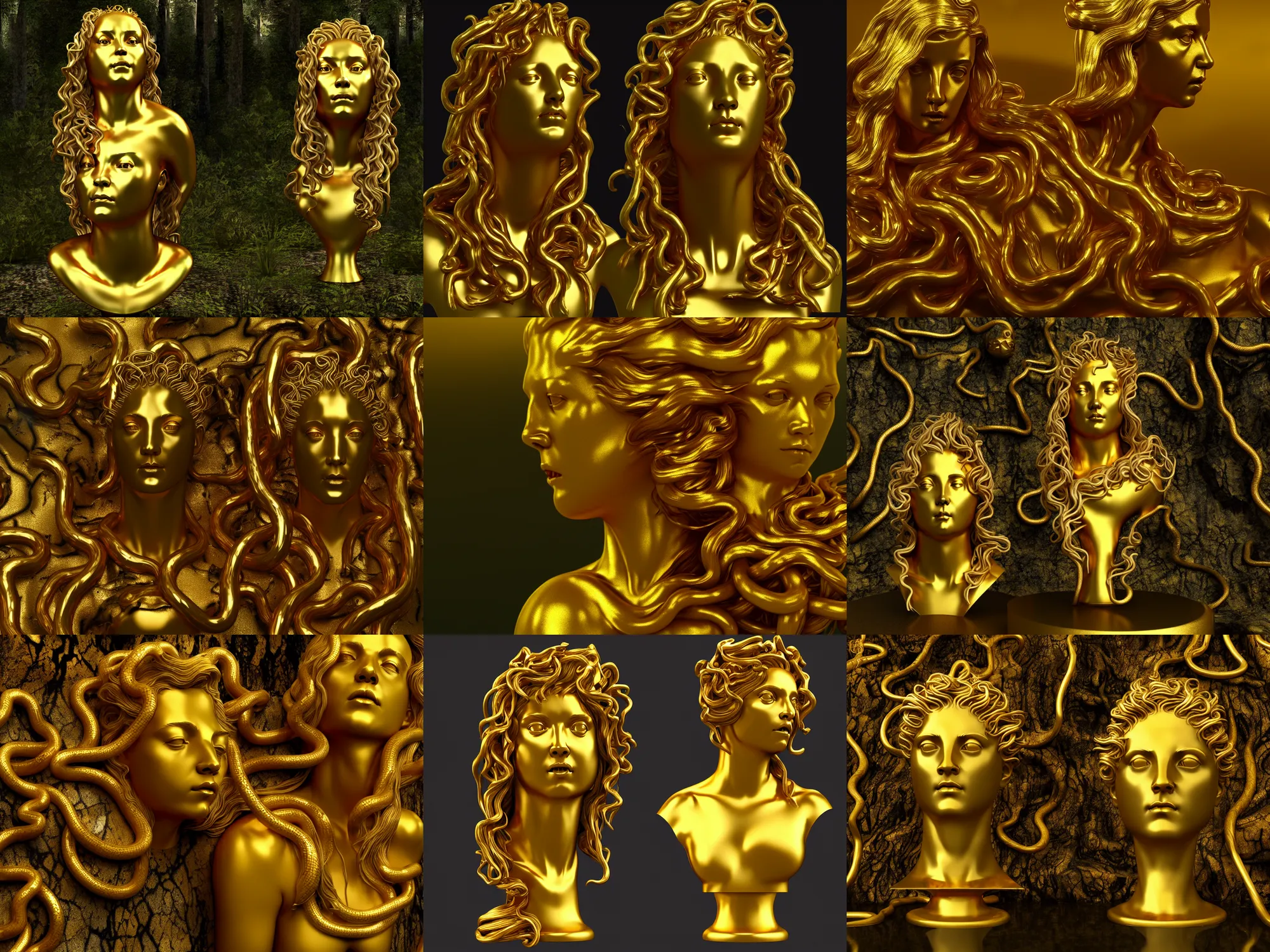 Prompt: a marble and gold bust of medusa on an onyx pedastal, golden snakes dripping gold, forest in background, 4k, trending on artstation, photorealistic, volumetric lighting, octane render,