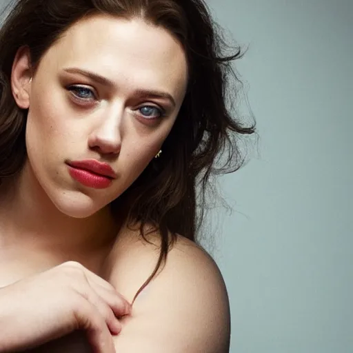 Image similar to a woman who is a genetic combination of kat dennings and scarlett johansson face and upper - body focus