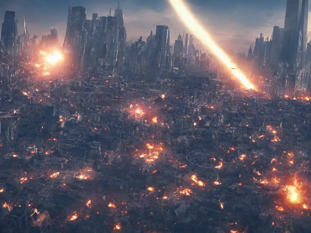 Prompt: city is being destroyed by a falling meteor, view from above, explosion, shreds, ruins, global illumination, hyperrealistic, volumetric lighting, epic cinematic shot, perfectly defined features, ambient occlusion