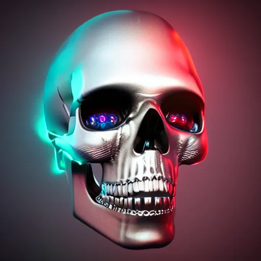 Image similar to a cyborg skull with holographic eyes. 3D octane render.