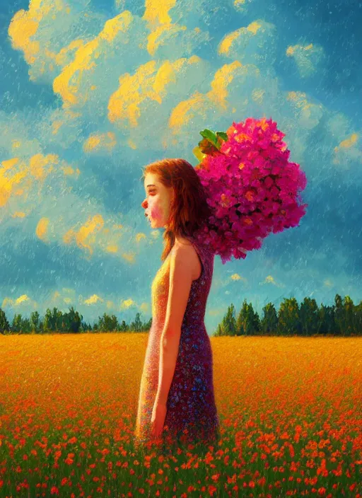 Prompt: girl with flower as a face, flower dress, standing in a flower field, big trees, sunrise dramatic light, impressionist painting, colorful clouds, digital painting, pointillism, artstation, simon stalenhag