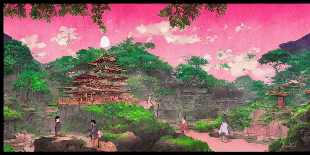 Prompt: bathhouse and nature, japanese, lanterns. watercolor art, expansive cinematic view, volumetric shading, intricate and detailed, highly saturated colors. breath of the wild style, by hayao miyazaki ghibli!!!. pastel!! pink!! accents. trending on artstation. award winning