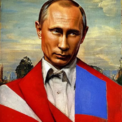 Prompt: painting of Vladimir Putin holding a Russian flag, Paolo Veronese style