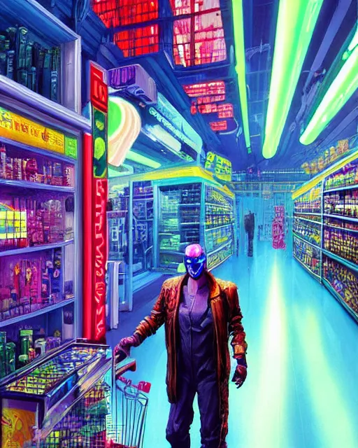 Image similar to cyberpunk man shopping at a neon soaked grocery store, science fiction painting, elegant intricate digital painting artstation, art by salvador dali, detailed