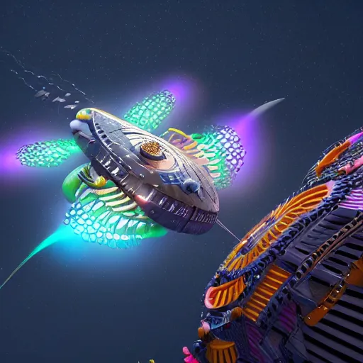 Prompt: flying spaceship, floating, radiolaria, rim light, electric, details, highly detailed, colorful, photorealistic, disney pixar, octane render, 8 k, iridescent