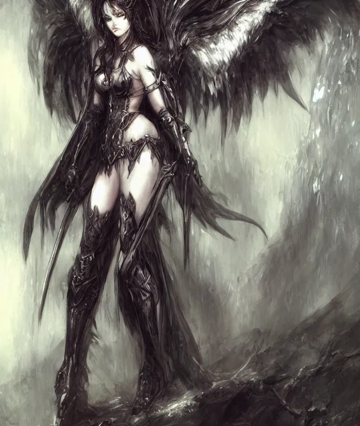 Prompt: Concept art, angel knight gothic girl, artstation trending colaboration with Joseph Mallord William Turner and Luis Royo, highly detailded