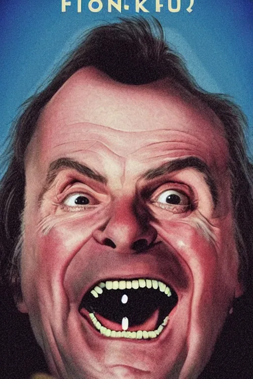 Prompt: a movie poster for the film the shining featuring a large portrait of jack nicholson's face and an axe in the style of the grand budapest hotel.