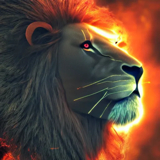 Image similar to anonymous lion face, closeup of face, volumetric lighting, face encircled by fire, crimson - black color scheme, intricate detail, award winning epic cinematic composition, photorealistic