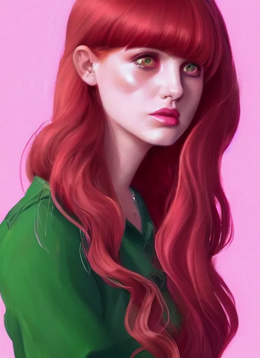 Image similar to full body portrait of teenage cheryl blossom, bangs, green eyes, sultry expression, red hair, sultry smirk, bangs and wavy hair, pink skirt, bangs, intricate, elegant, glowing lights, highly detailed, digital painting, artstation, concept art, smooth, sharp focus, illustration, art by wlop, mars ravelo and greg rutkowski