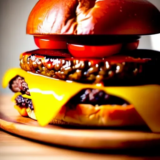 Image similar to The ultimate double cheeseburger, on a hand carved cherrywood plate. Perfect photography.