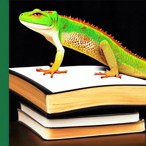 Prompt: the! gecko from geico commercials! on a table,! being crushed! by a stack of books