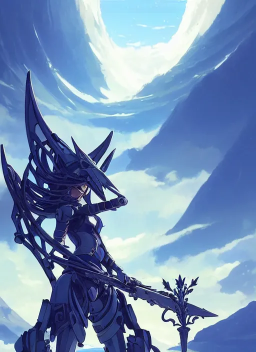 Image similar to close up of a extremely beautiful and aesthetic mech armor witch holding a symmetrical trident, highly detailed face, attractive symmetrical eyes, back shark fin, big wave horizon, dynamic model pose, slightly smiling, blue sky, big blade whale and black giants mech minotaurus, epic scene, fantasy illustrations, by makoto shinkai and peter mohrbacher and ferdinand knab