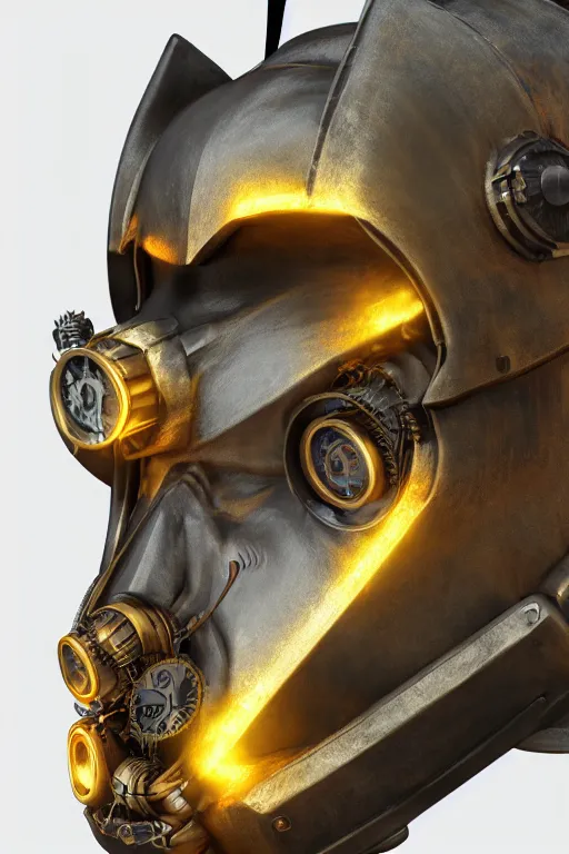 Image similar to steampunk mask minimalist fantasy art robot ninja helmet, global illumination ray tracing hdr fanart arstation by sung choi and eric pfeiffer and gabriel garza and casper konefal radiating a glowing aura