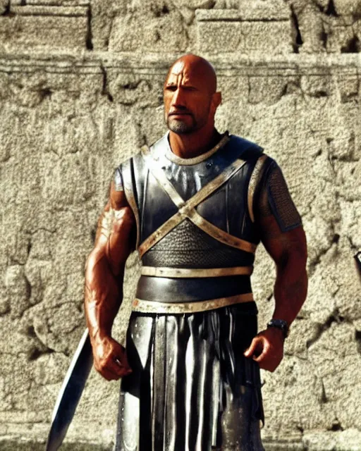 Image similar to Film still close-up shot of Dwayne Johnson as marcus aurelius decimus meridius from the movie Gladiator. Photographic, photography