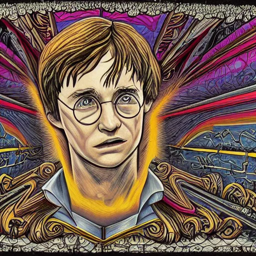 Prompt: harry potter, character design, high detail, intricate complexity, rule of thirds, in the style of alex grey